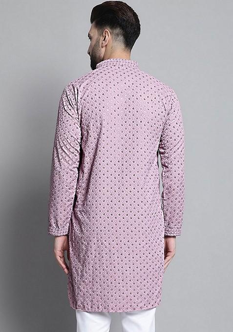 Purple Embroidered Cotton Kurta For Men