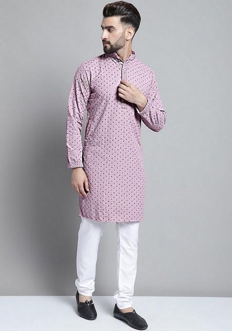 Purple Embroidered Cotton Kurta For Men
