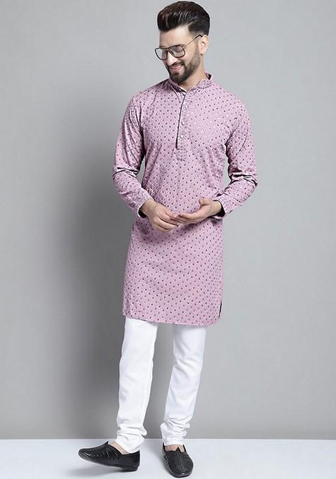 Purple Embroidered Cotton Kurta For Men
