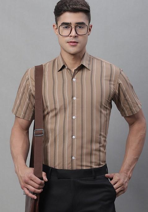 Brown Printed Cotton Shirt For Men