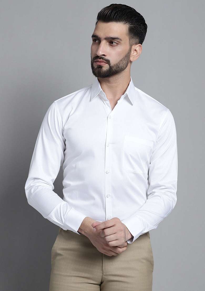 White Cotton Blend Shirt For Men - Indya