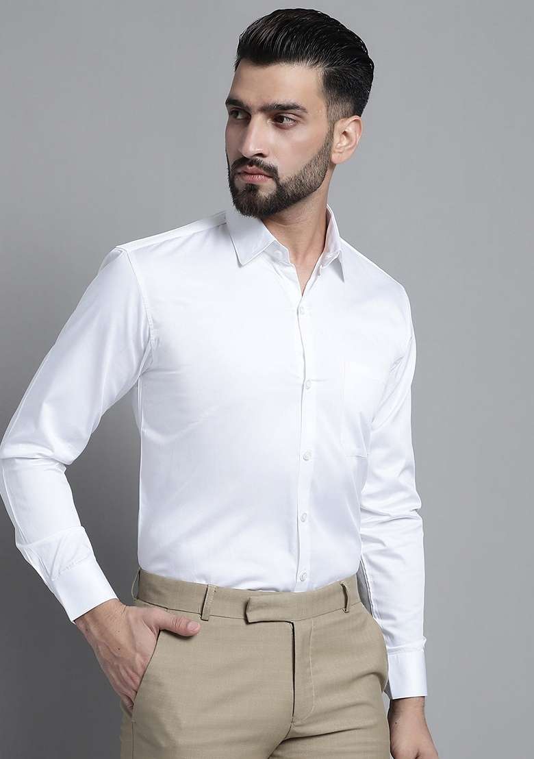 White Cotton Blend Shirt For Men - Indya