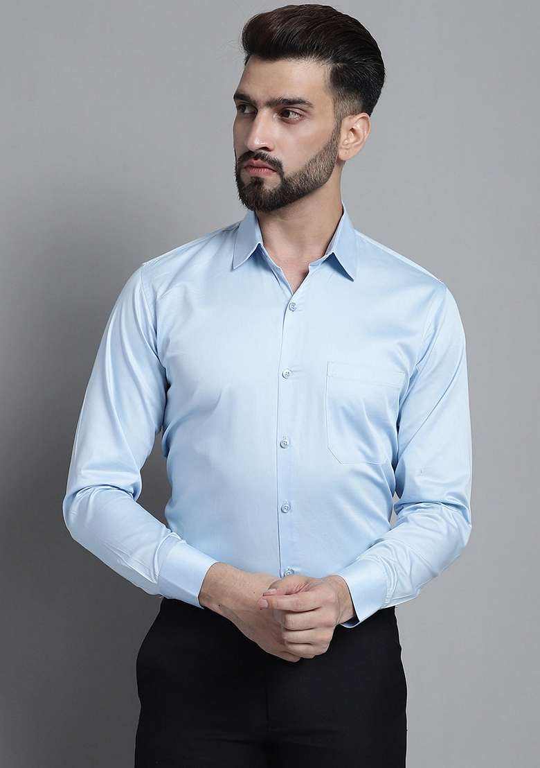 Sky Blue Cotton Blend Shirt For Men - Indya