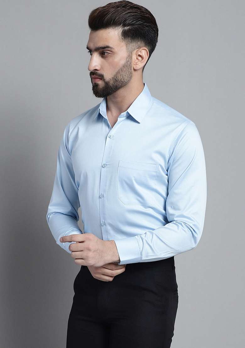 Sky Blue Cotton Blend Shirt For Men - Indya