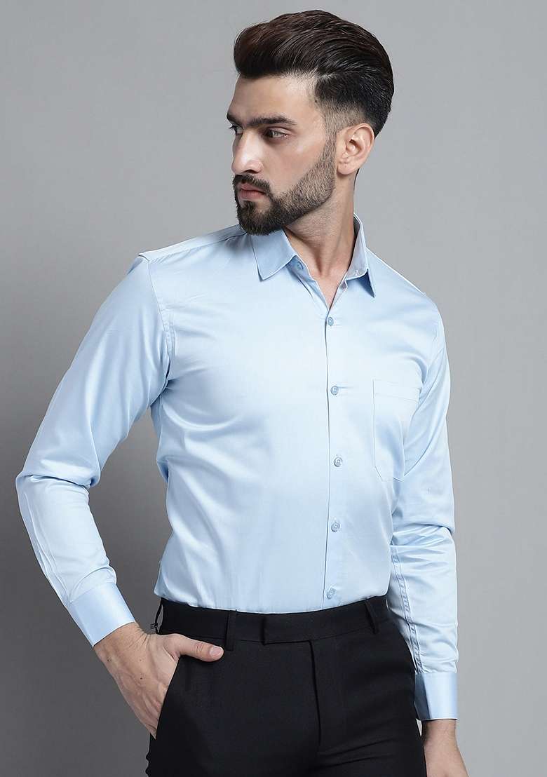 Sky Blue Cotton Blend Shirt For Men - Indya