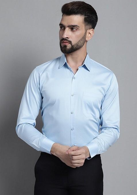 Sky Blue Cotton Blend Shirt For Men