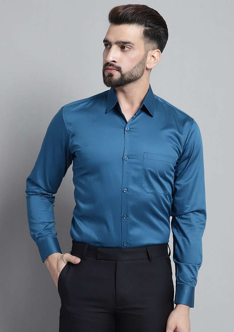 Blue Cotton Blend Shirt For Men - Indya