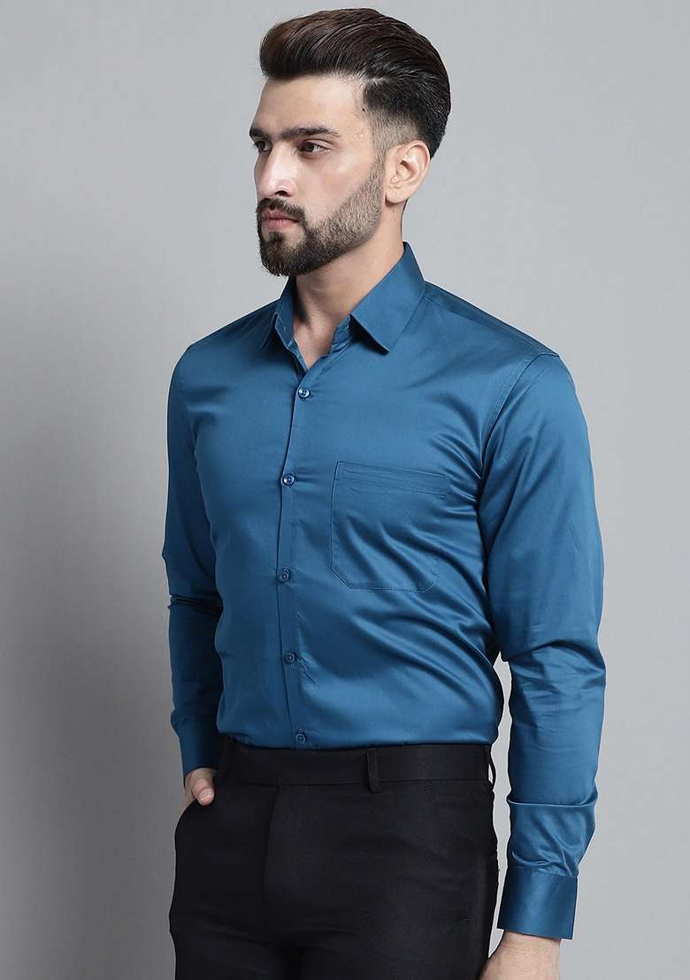 Blue Cotton Blend Shirt For Men - Indya