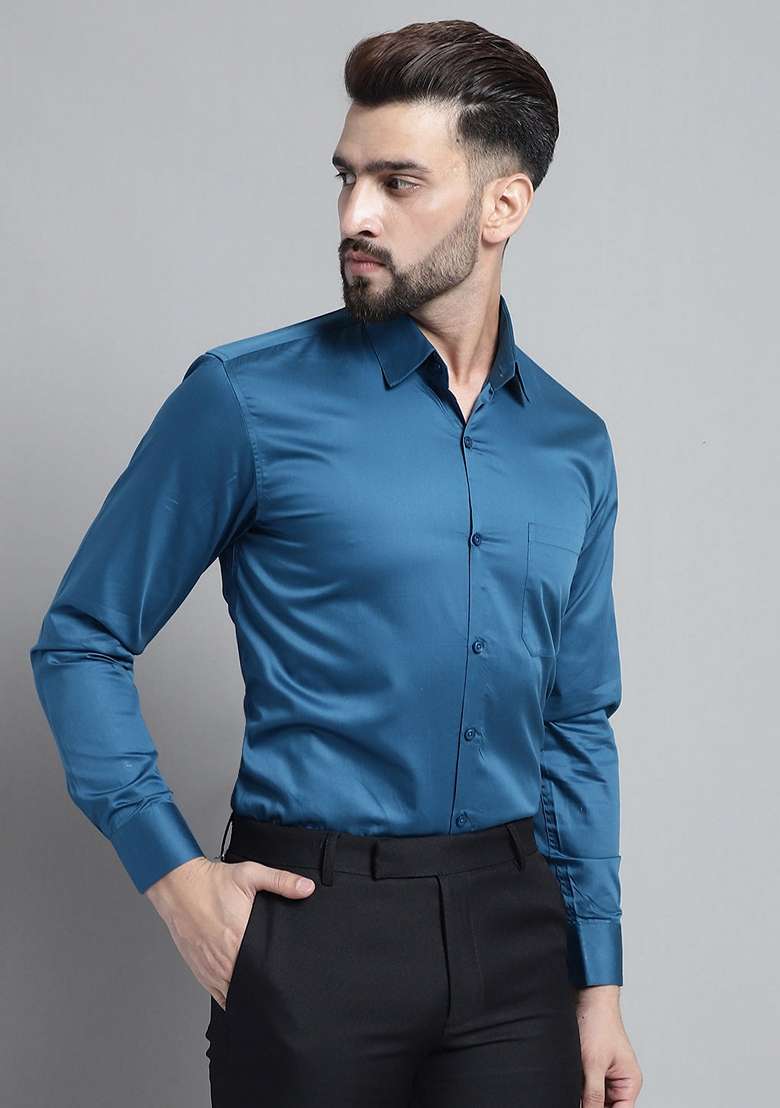 Blue Cotton Blend Shirt For Men - Indya