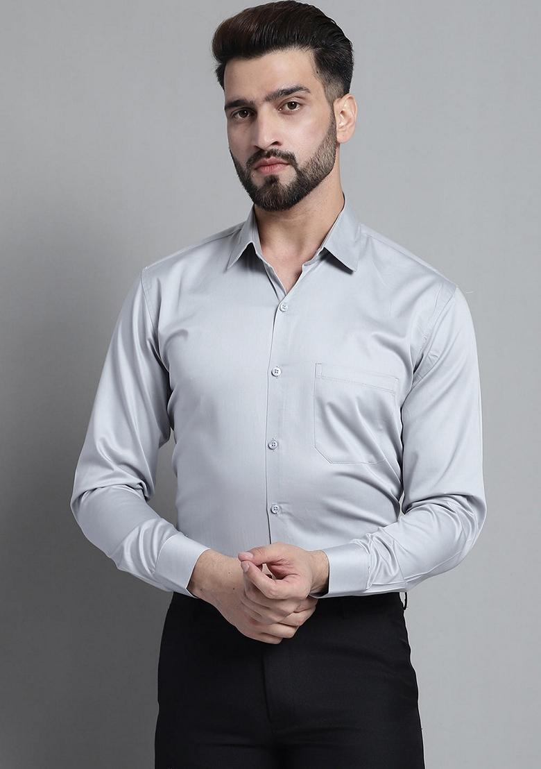 Grey Cotton Blend Shirt For Men