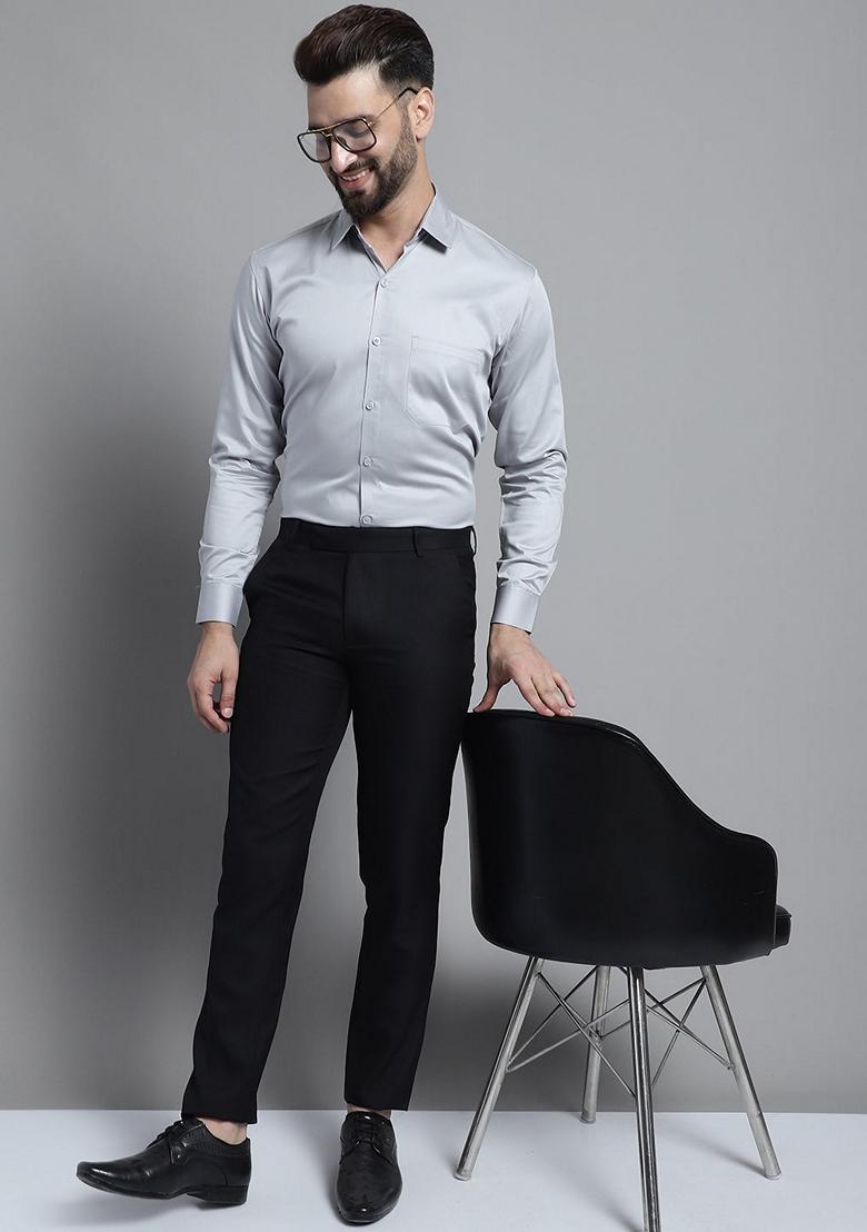 Grey Cotton Blend Shirt For Men