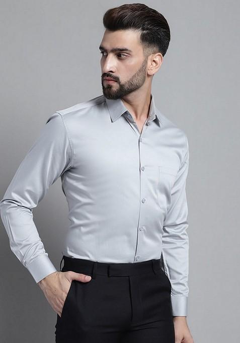 Grey Cotton Blend Shirt For Men