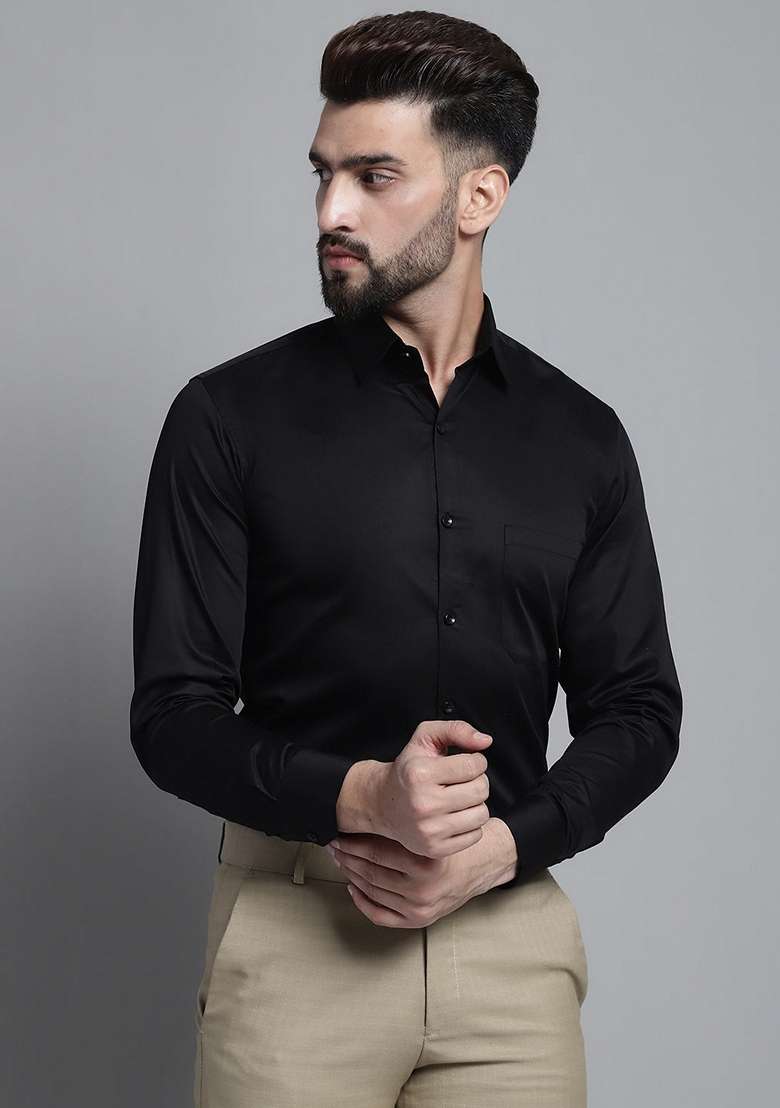 Black Cotton Blend Shirt For Men - Indya