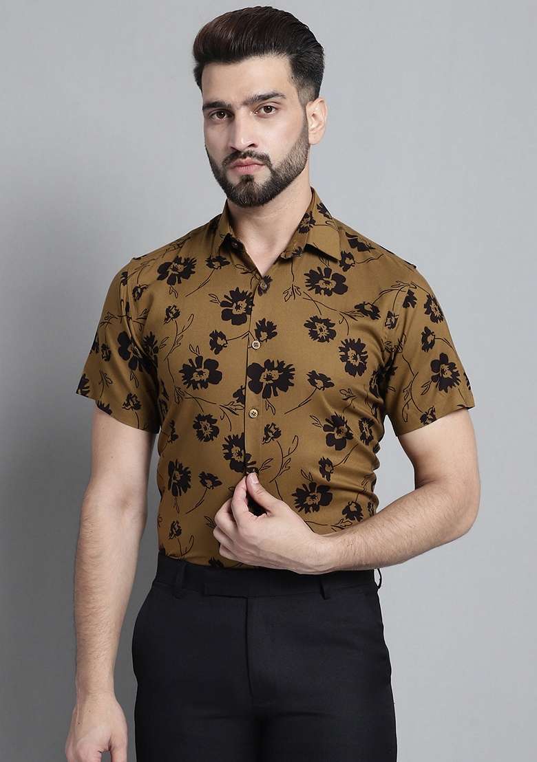 Mustard Printed Viscose Shirt For Men - Indya