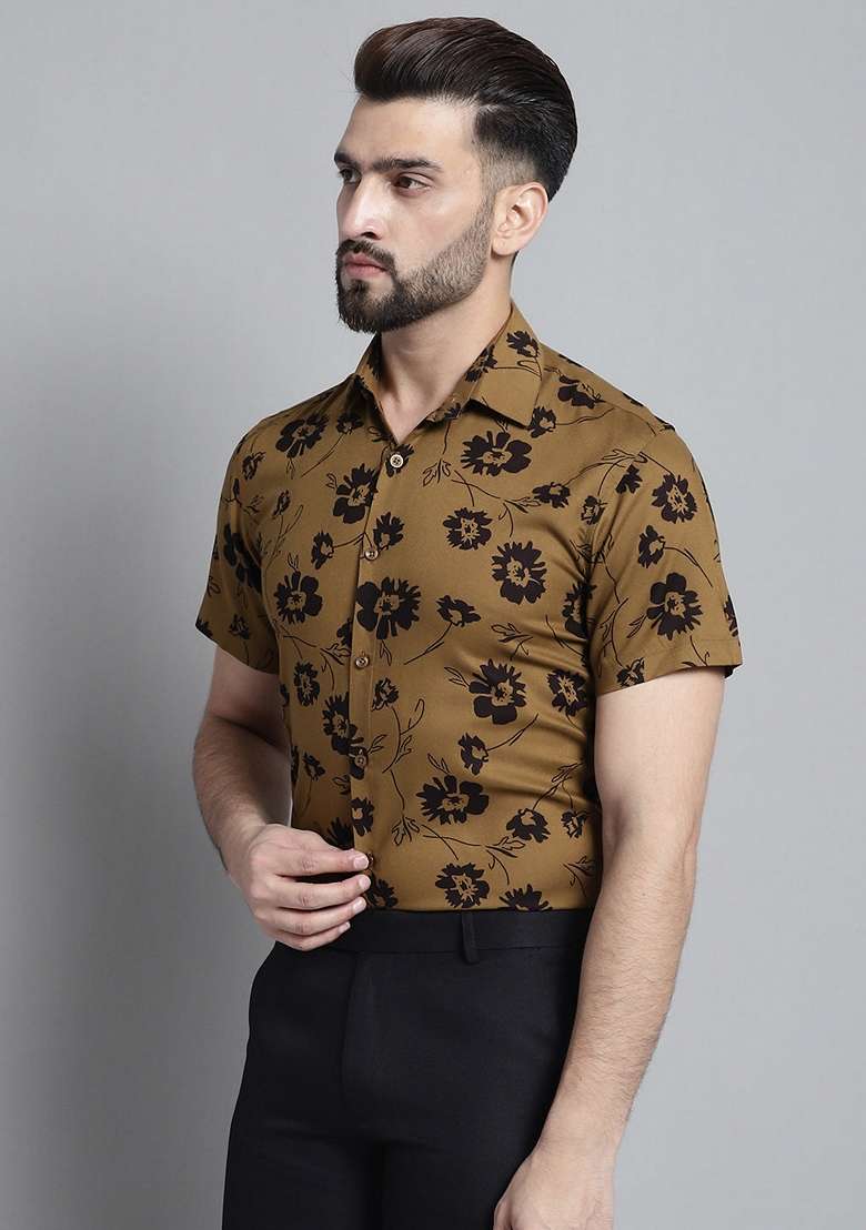 Mustard Printed Viscose Shirt For Men - Indya