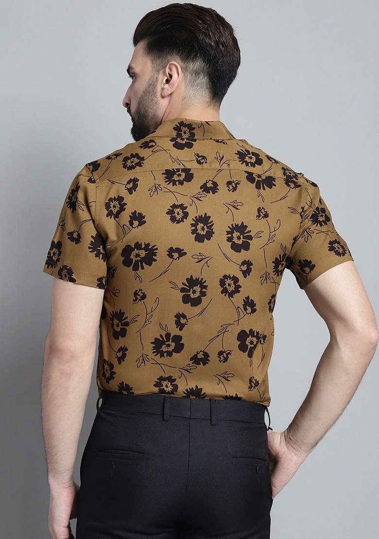 Mustard Printed Viscose Shirt For Men - Indya