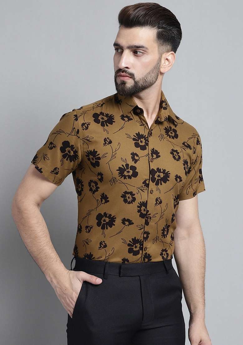 Mustard Printed Viscose Shirt For Men - Indya