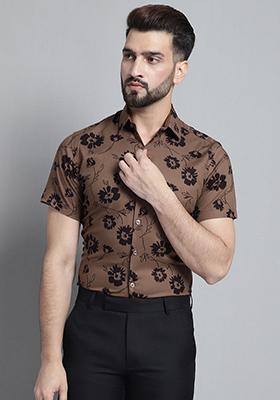 Brown Printed Viscose Shirt For Men
