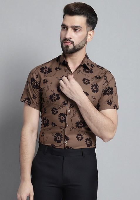 Brown Printed Viscose Shirt For Men