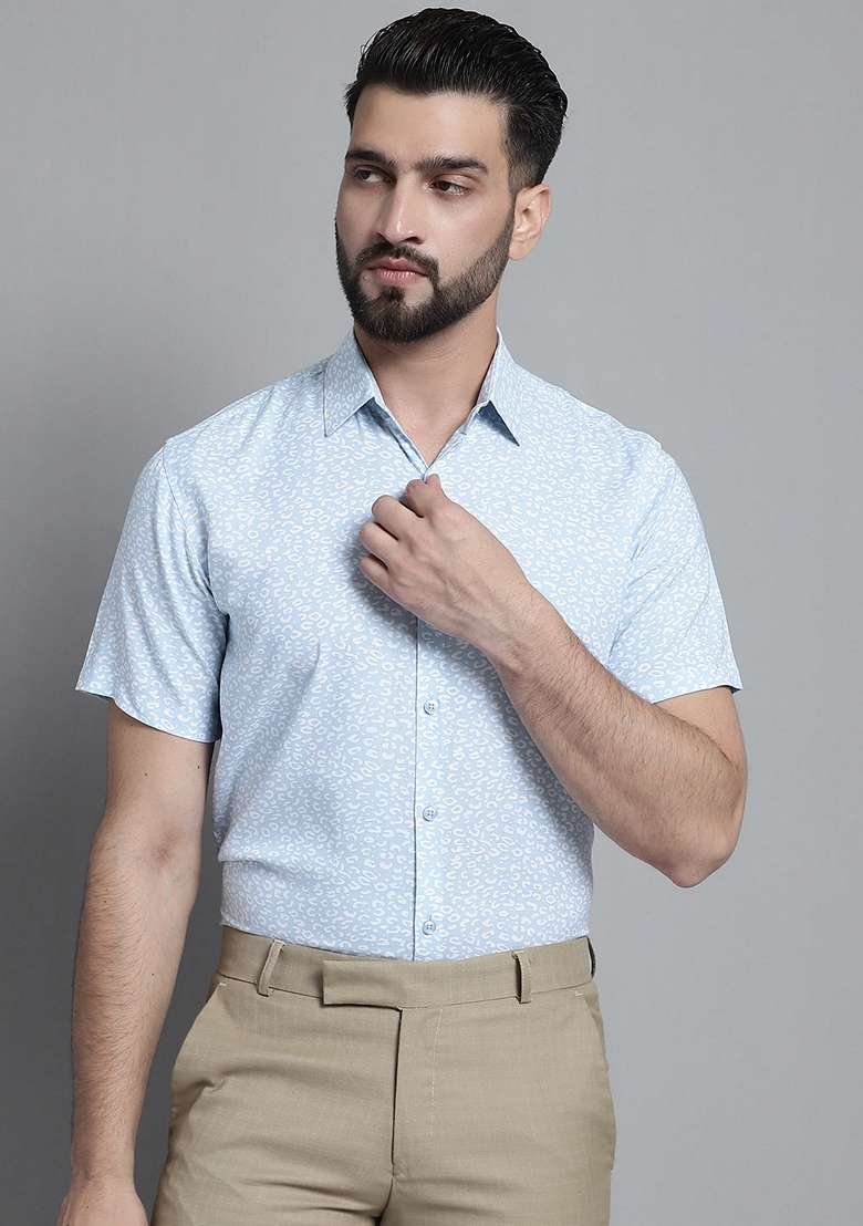 Sky Blue Printed Viscose Shirt For Men - Indya