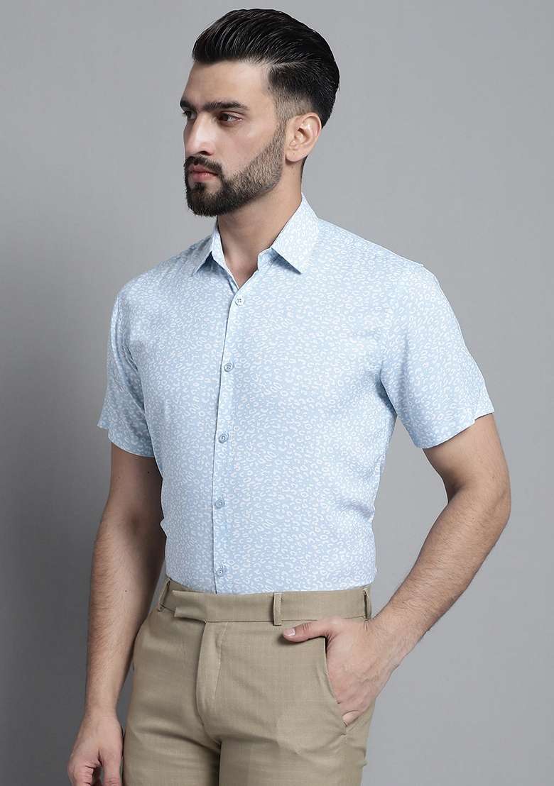 Sky Blue Printed Viscose Shirt For Men - Indya