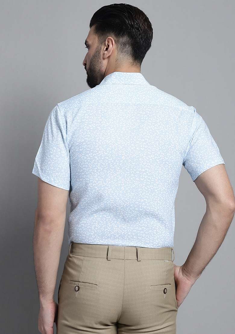 Sky Blue Printed Viscose Shirt For Men - Indya