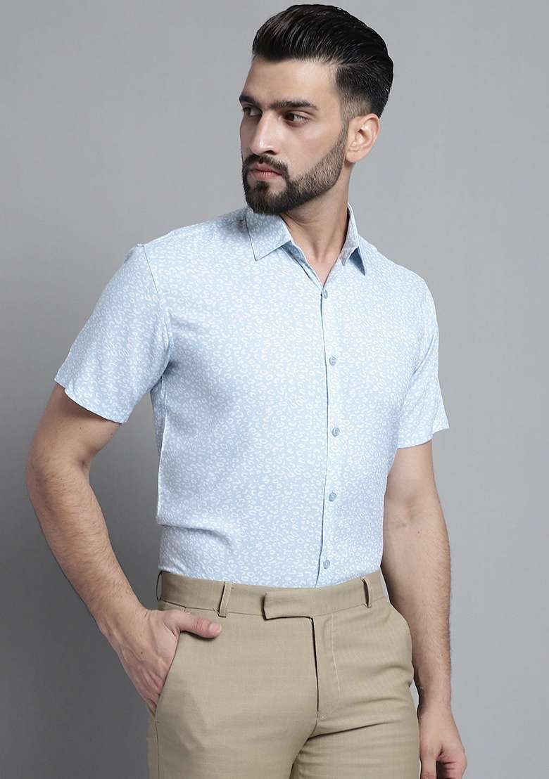 Sky Blue Printed Viscose Shirt For Men - Indya