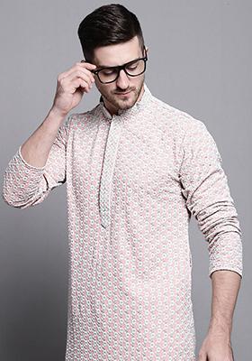Peach Embroidered Cotton Kurta For Men
