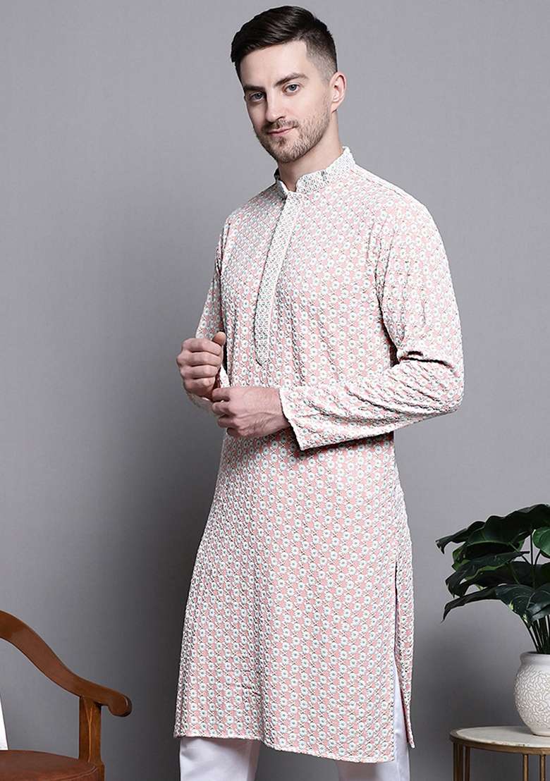 Peach Embroidered Cotton Kurta For Men - Indya