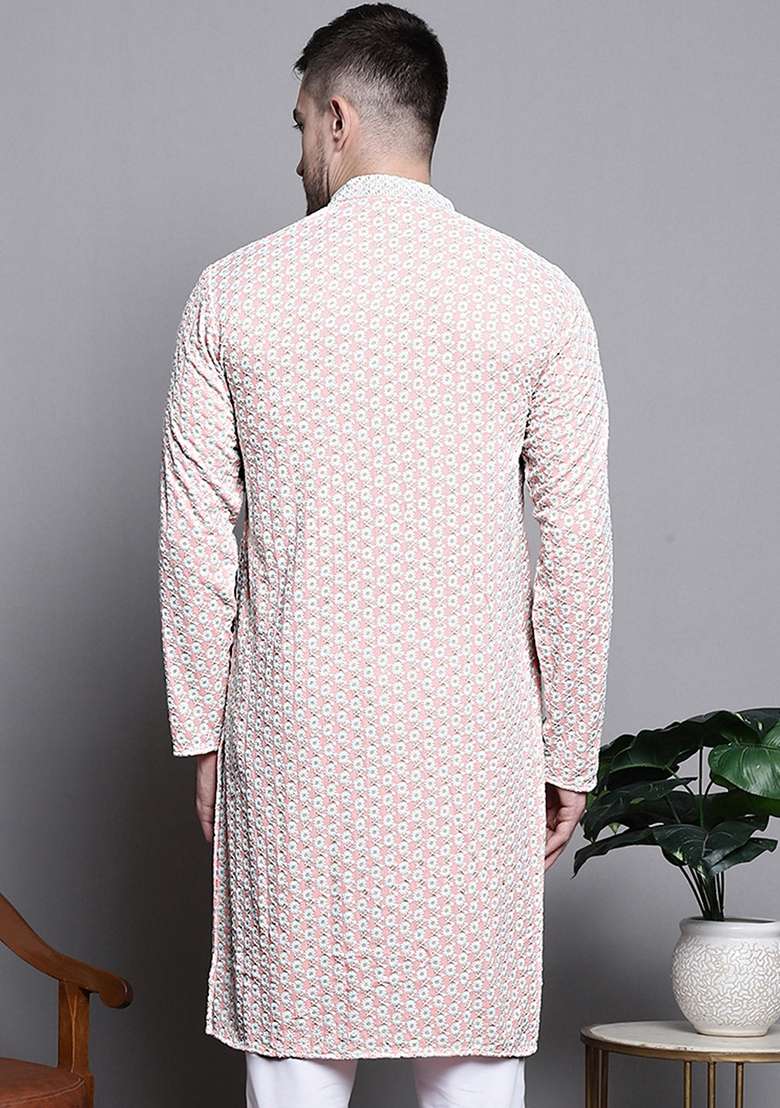 Peach Embroidered Cotton Kurta For Men - Indya