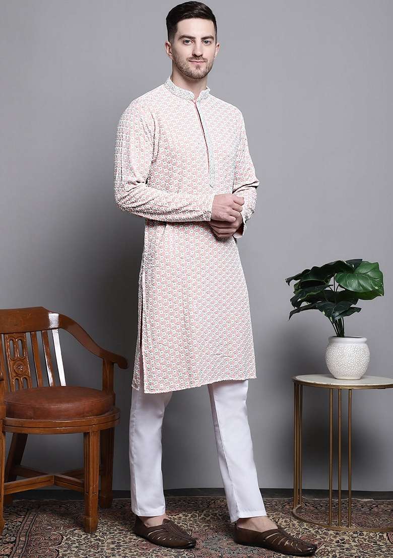 Peach Embroidered Cotton Kurta For Men - Indya