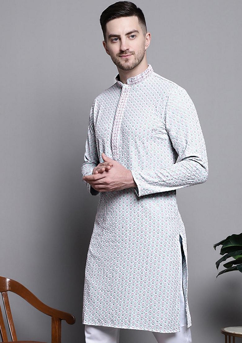 Blue Embroidered Cotton Kurta For Men
