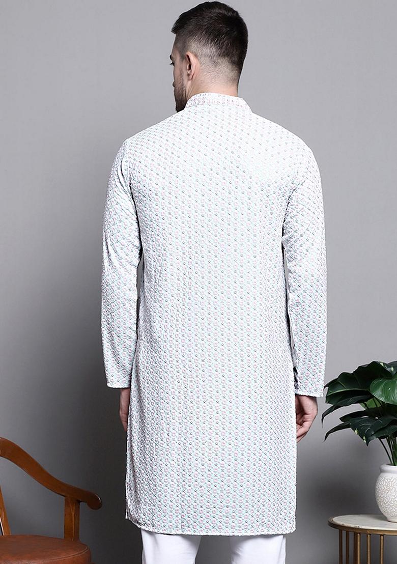 Blue Embroidered Cotton Kurta For Men