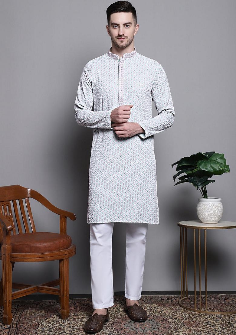 Blue Embroidered Cotton Kurta For Men