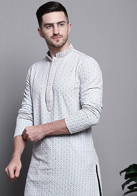 Blue Embroidered Cotton Kurta For Men