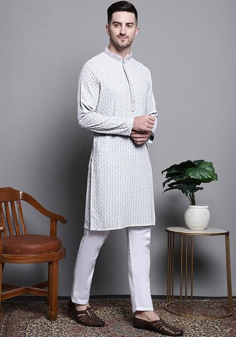 Blue Embroidered Cotton Kurta For Men