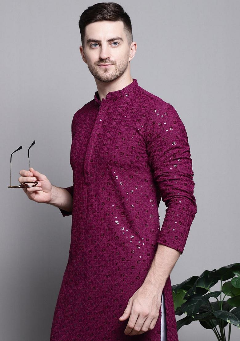 Purple Embroidered Cotton Kurta For Men