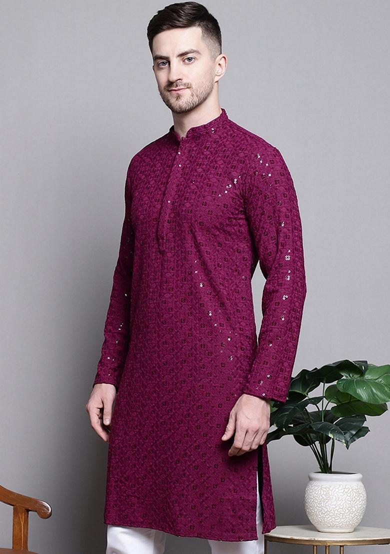 Purple Embroidered Cotton Kurta For Men