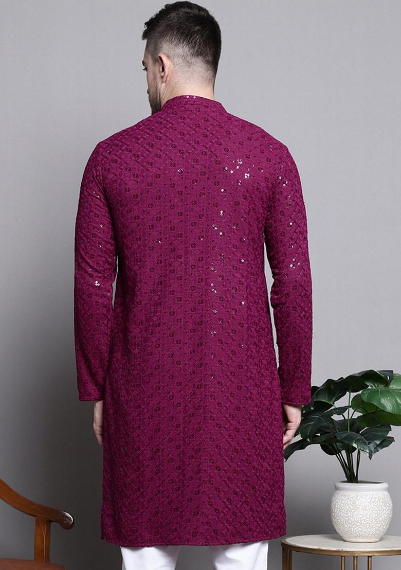 Purple Embroidered Cotton Kurta For Men