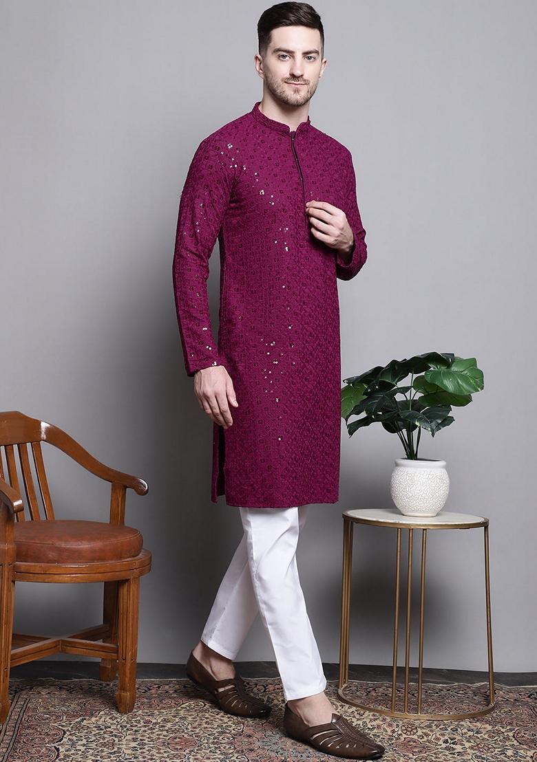 Purple Embroidered Cotton Kurta For Men