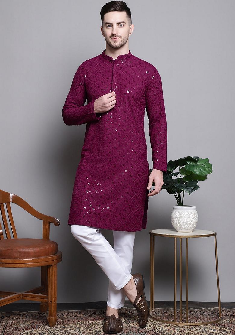 Purple Embroidered Cotton Kurta For Men