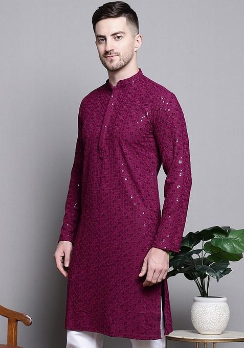 Purple Embroidered Cotton Kurta For Men