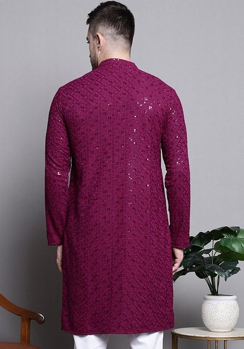 Purple Embroidered Cotton Kurta For Men