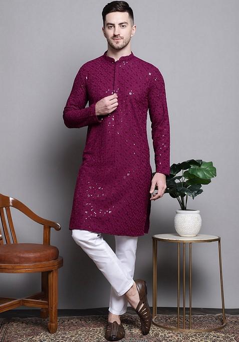 Purple Embroidered Cotton Kurta For Men