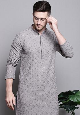 Grey Embroidered Cotton Kurta For Men