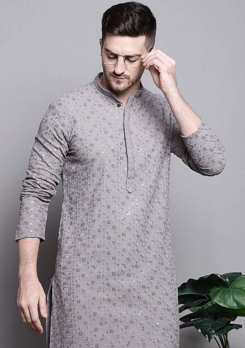 Grey Embroidered Cotton Kurta For Men - Indya