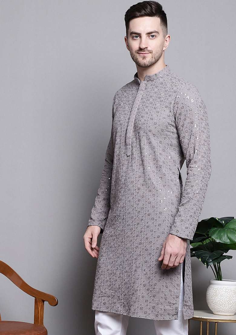 Grey Embroidered Cotton Kurta For Men - Indya