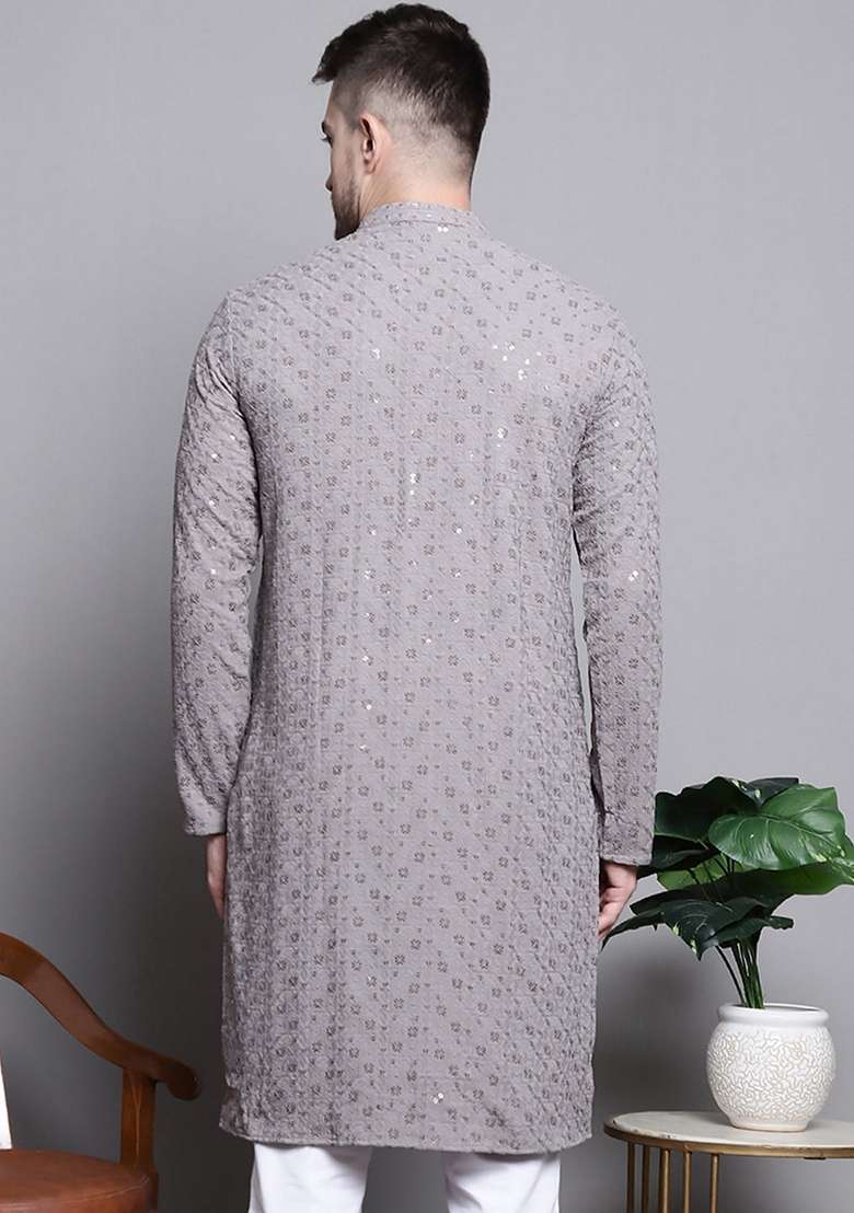 Grey Embroidered Cotton Kurta For Men - Indya