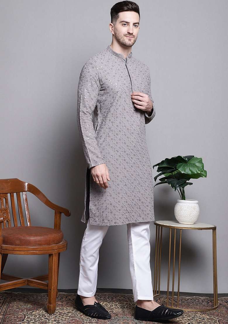 Grey Embroidered Cotton Kurta For Men - Indya