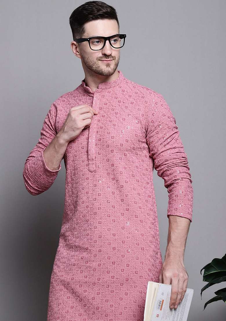 Coral Embroidered Cotton Kurta For Men - Indya
